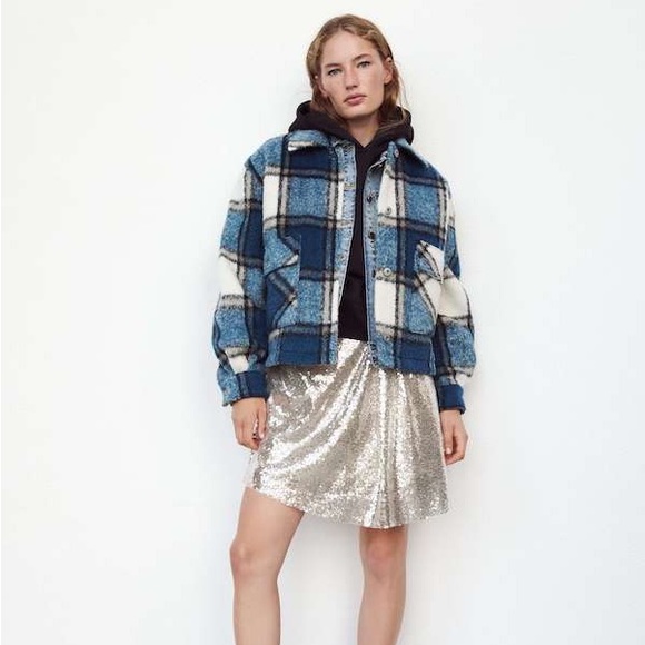 Zara Blue and White Plaid Faux-Shearling Jacket - Picture 3 of 6